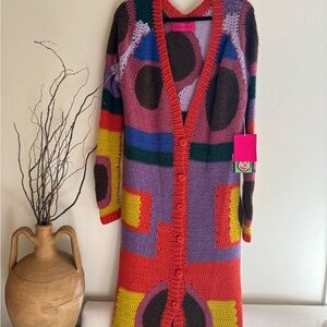 NWT The Elder Statesman Multicolor Crochet Mirror Duster Cashmere Cardigan